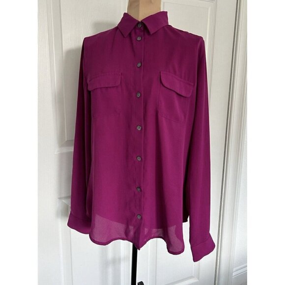 Loft Outlet Roll Tab Sleeve Collared Blouse Top Button Down Pockets Fuchsia XS - Picture 1 of 7